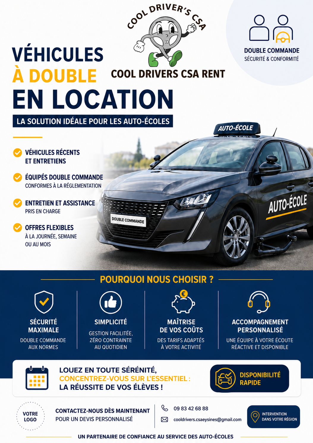 Location de véhicule à double commande destiné aux auto-écoles